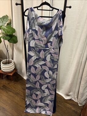 JS Collections Sequin Navy and Pale Pink Leaf-Print Cold-Shoulder Maxi Dress